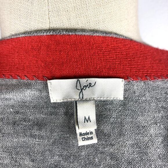 JOIE Gray Cardigan Sweater Button Down Preppy Size Medium Red Trim - Picture 4 of 6